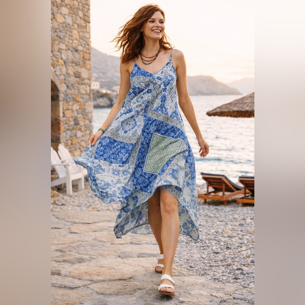 Organic Viscose Boho Patchwork Dress S/M Flowy High Low Hem Adjustable Straps